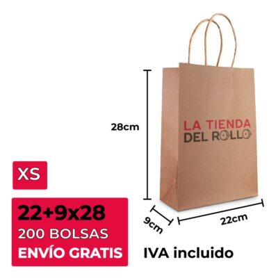 200 Bolsas Asa Rizada Kraft «XS» 22+9×28 cm